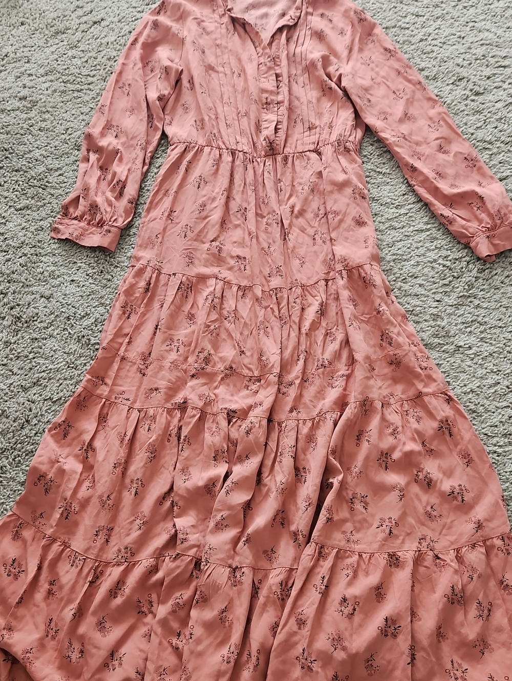 Long-Sleeve Dusty Rose Floral Tiered Maxi Dress
